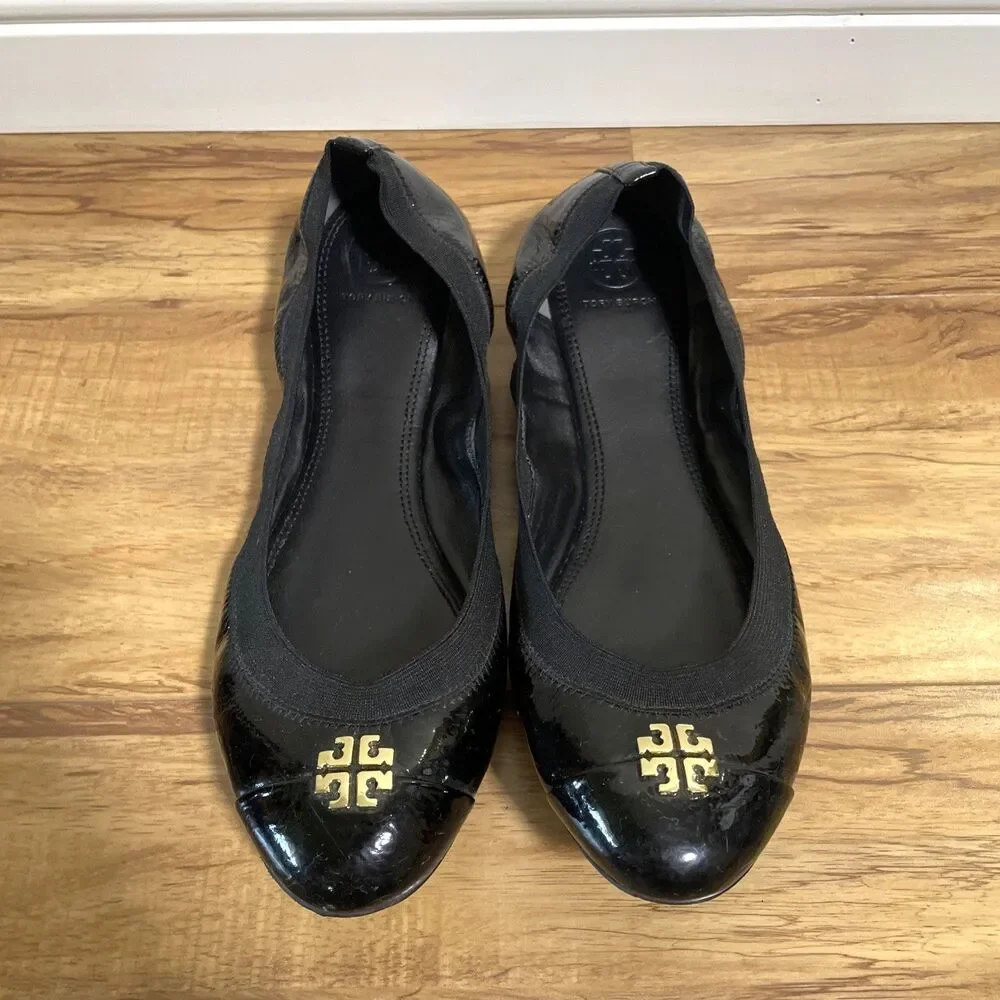 Tory Burch Jolie 10.5 M Black Patent Leather Cap Toe Stretch Ballet Flats Shoes